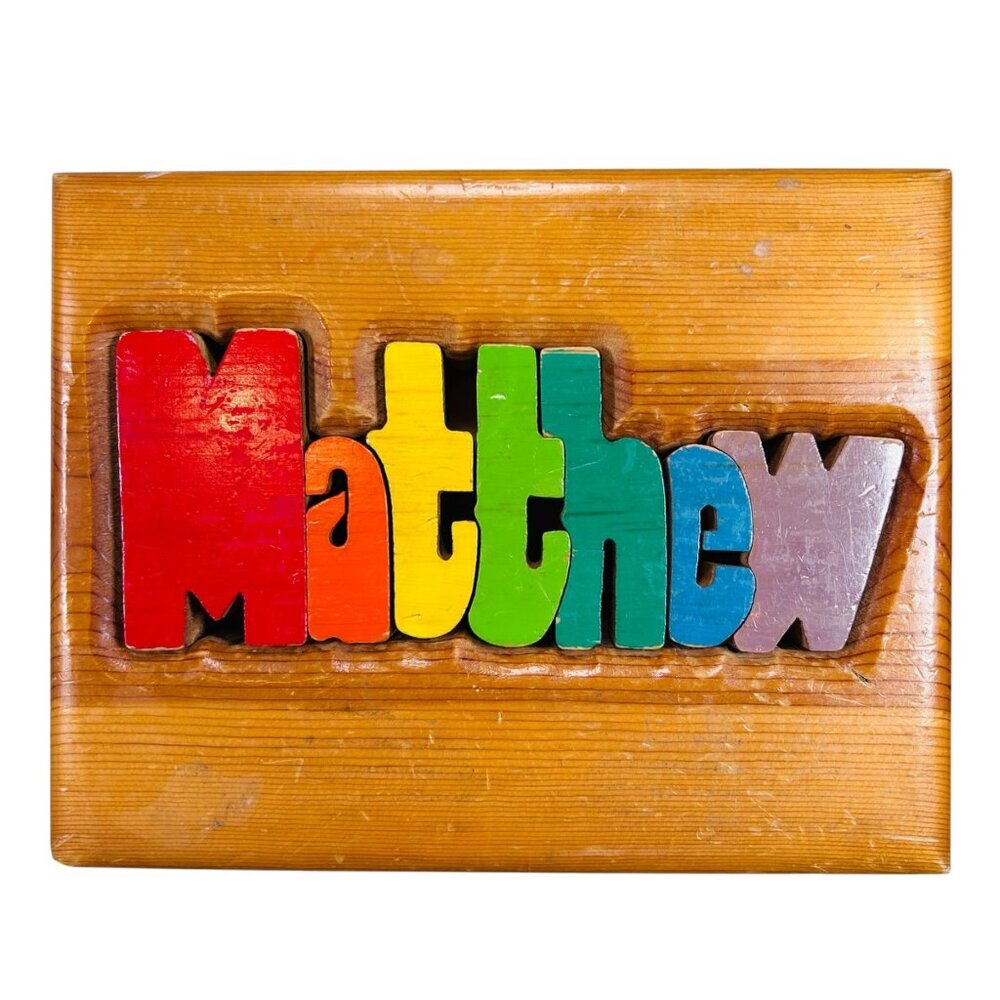 Personalized Wooden Stool Multicolor Puzzle Matthew Handcrafted - Picture 2 of 5